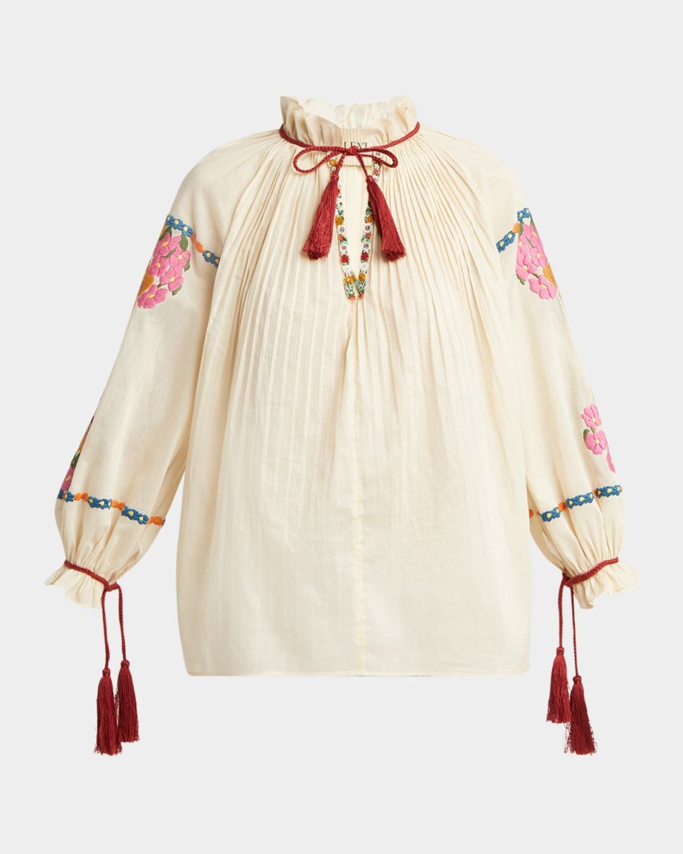 Floral Embroidered Pintuck Blouse